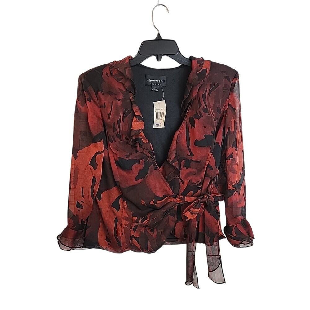 NWT Connected Red Floral Ruffle Sheer Long Sleeve Casual Wrap Top Women's Size 8